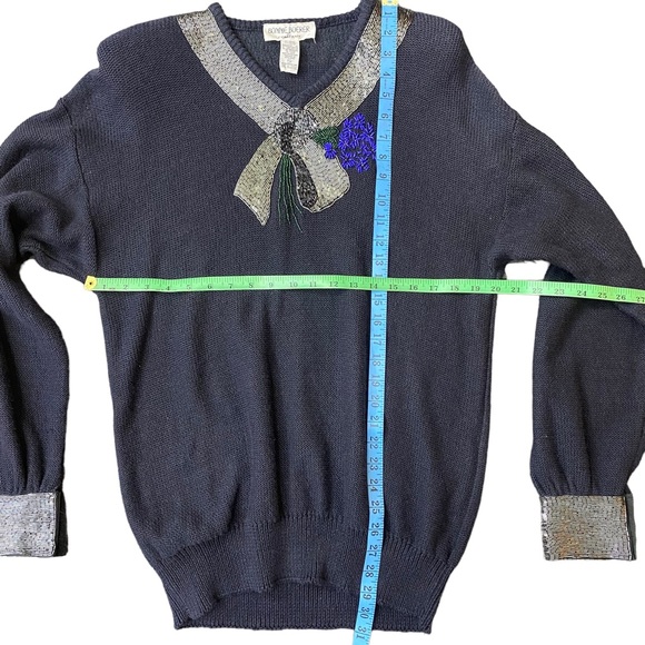 VINTAGE Bonnie Boerer Sweater Size M Navy Silver Embellished 80s Holiday knit - Picture 12 of 16